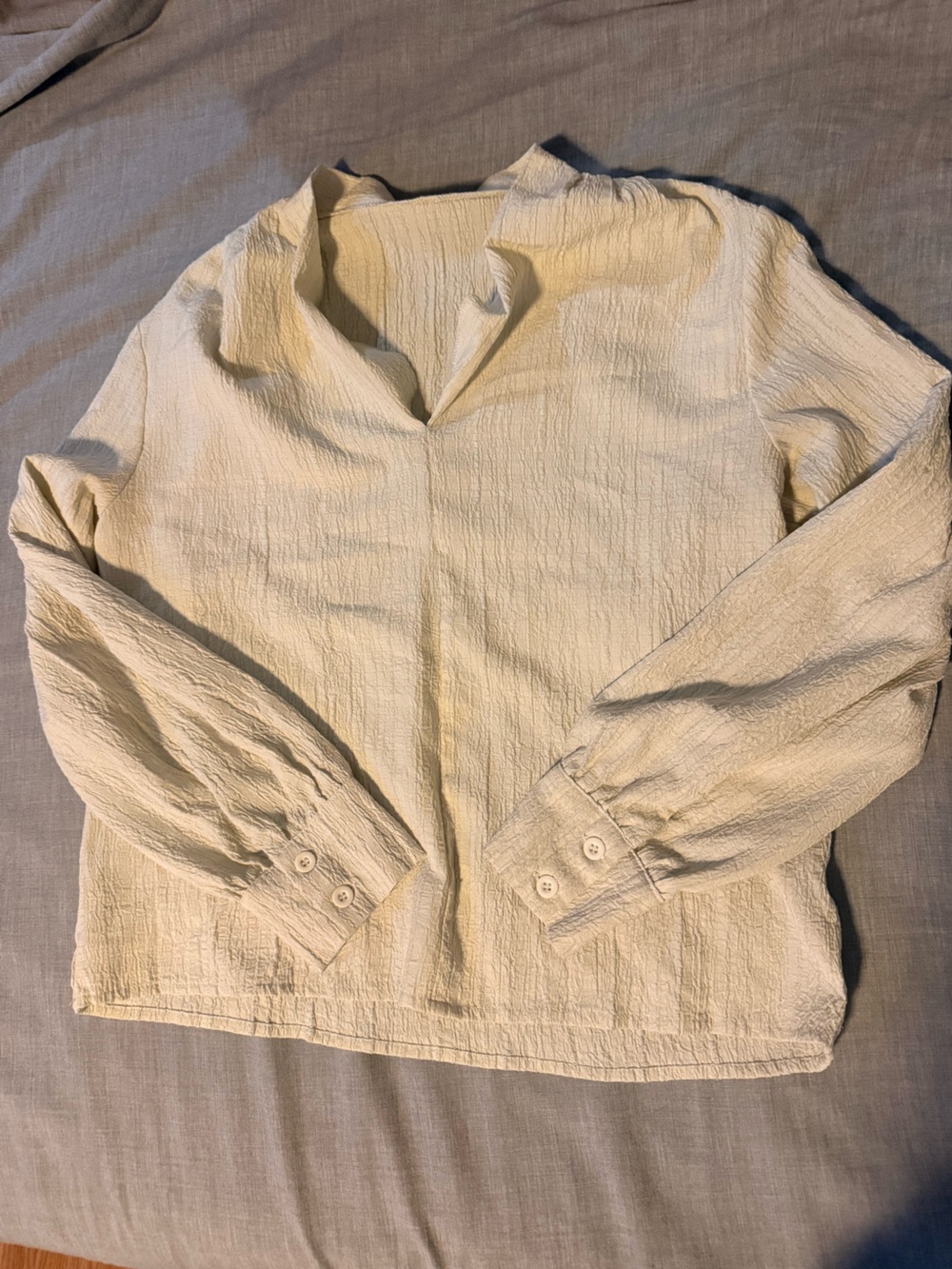 SHEIN Cream Textured V-Neck Long-Sleeve Blouse